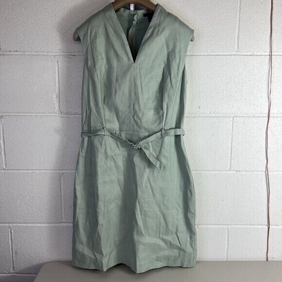 New Ann Taylor Petite Belted Sheath Dress Cross Weave Sz 6P Sage #587572 v-neck - Picture 3 of 7